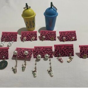 9x STARBUCKS COFFEE EARRINGS & 2x FRAPPUCCINO KEYCHAINS! By: Betsey Johnson